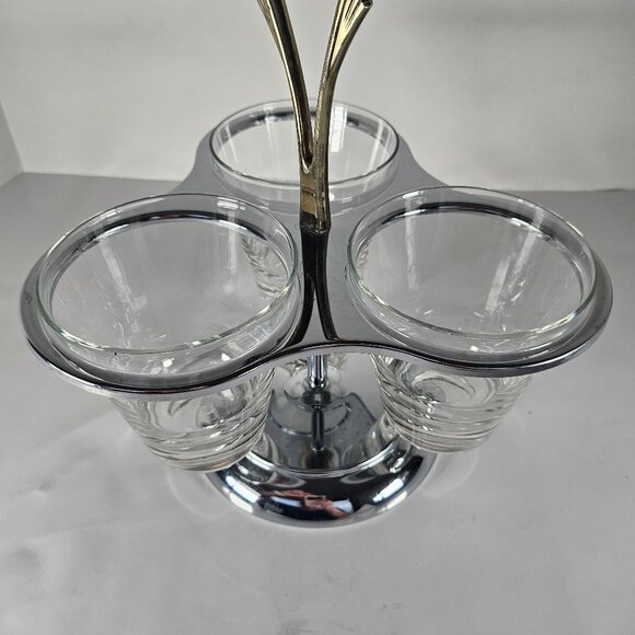 Vintage MCM, Kromex, Triple Condiment Caddy, Lazy Susan Chrome Glass Brass - Picture 3 of 11